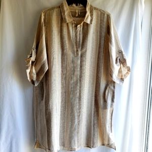Elan Linen Blend Tan and Cream Stripes Shirt Dress, Size:L